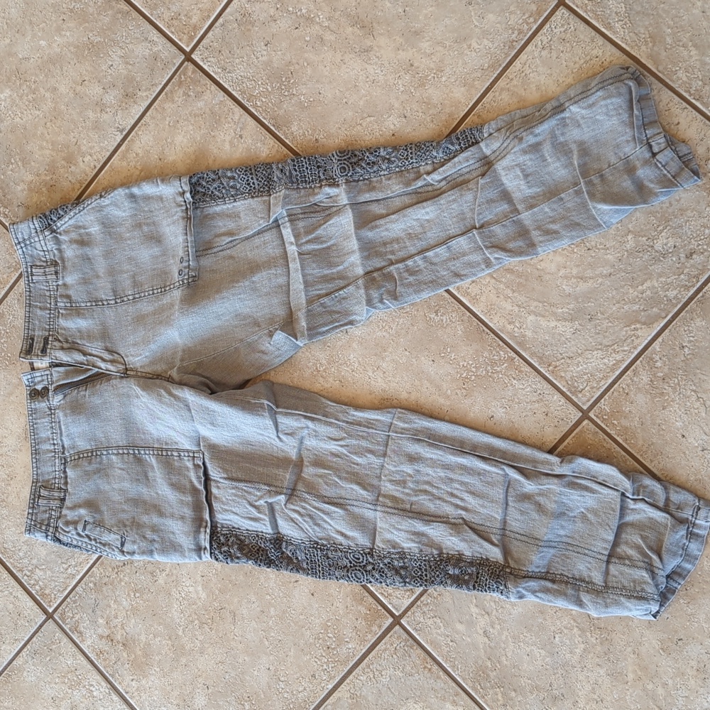 Anthropologie Hei Hei Linen / Cotton Distressed Side Lace Crop Roll Up Pants